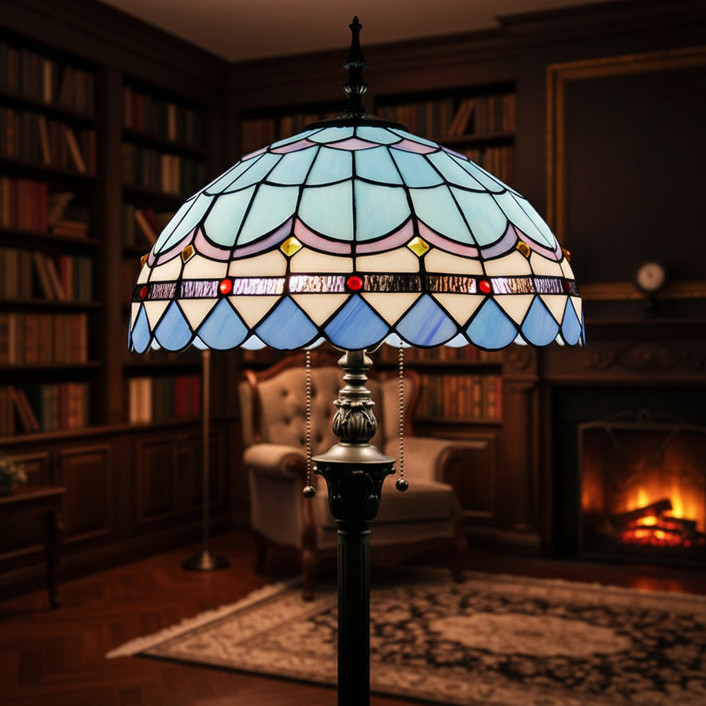 Tiffany-style floor lamp in blue and multicolored stained glass