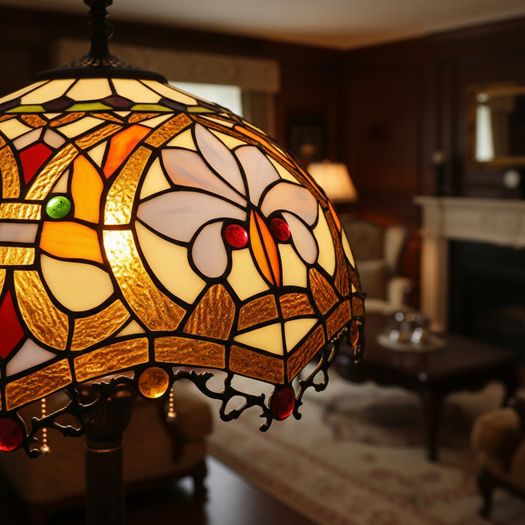 Vintage Tiffany Floor Lamp in Floral Stained Glass