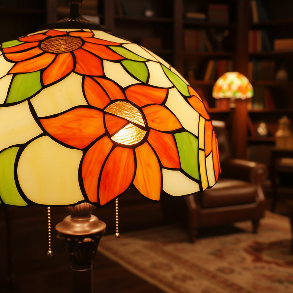 Tiffany-style floor lamp in orange floral glass