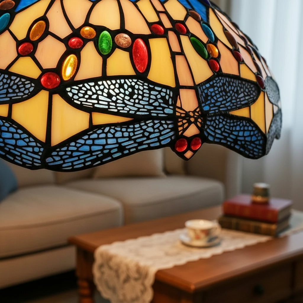 Tiffany-style stained glass dragonfly pendant light