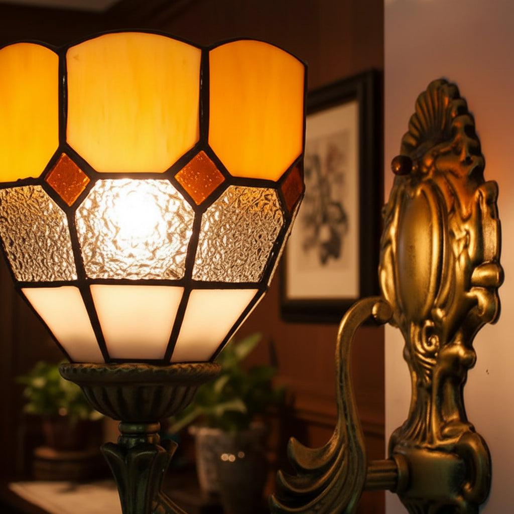 Tiffany Style Wall Sconce in Amber and White Glass