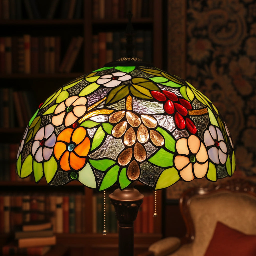 Tiffany Style Glass Floor Lamp with Flowers and Fruits
