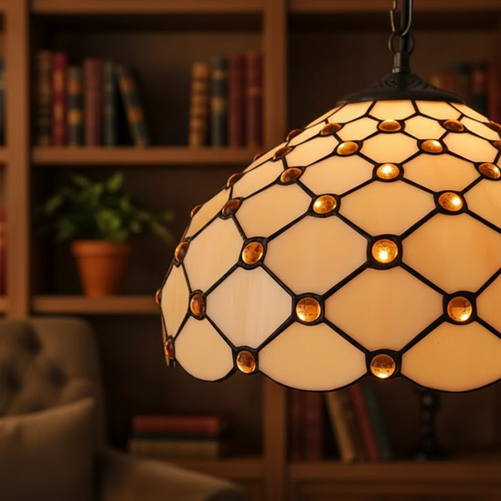 Tiffany Style Pendant Light with Amber Jewels