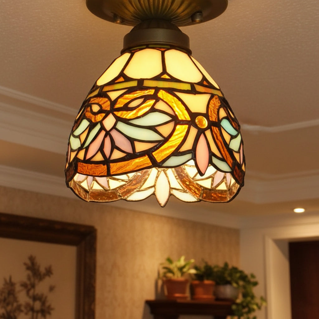 Floral Bronze Tiffany Style Stained Glass Ceiling Light