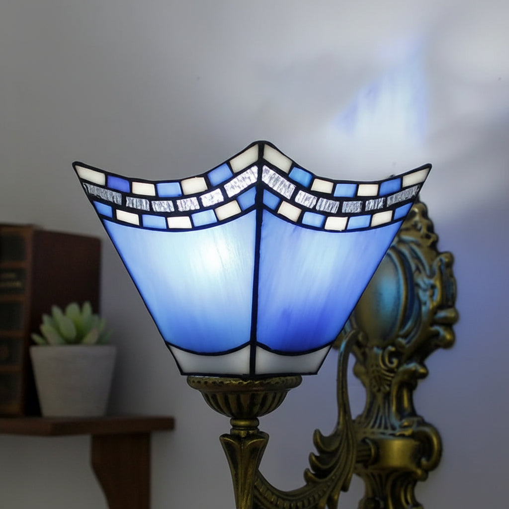 Ornate Wall Sconce in Blue and White Glass