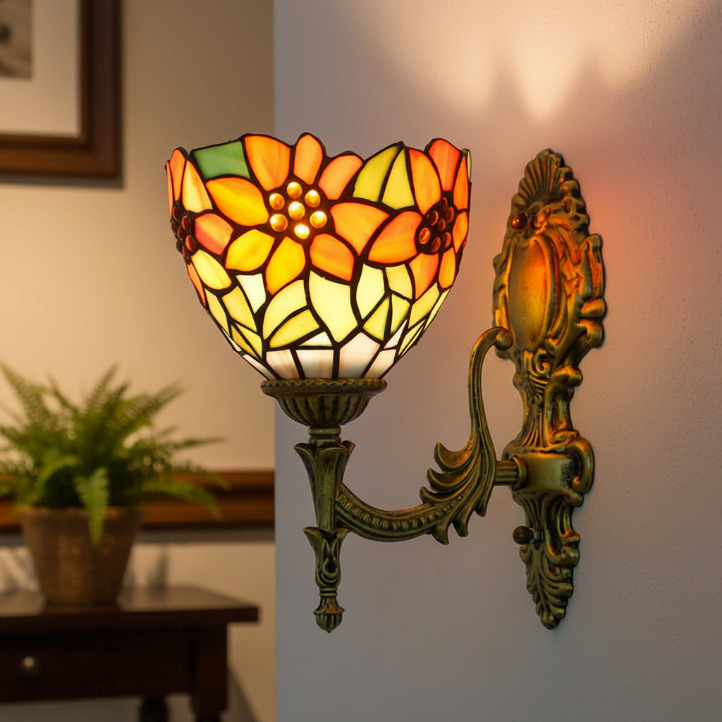 Floral Tiffany Wall Sconce in Stained Glass and Aged Brass