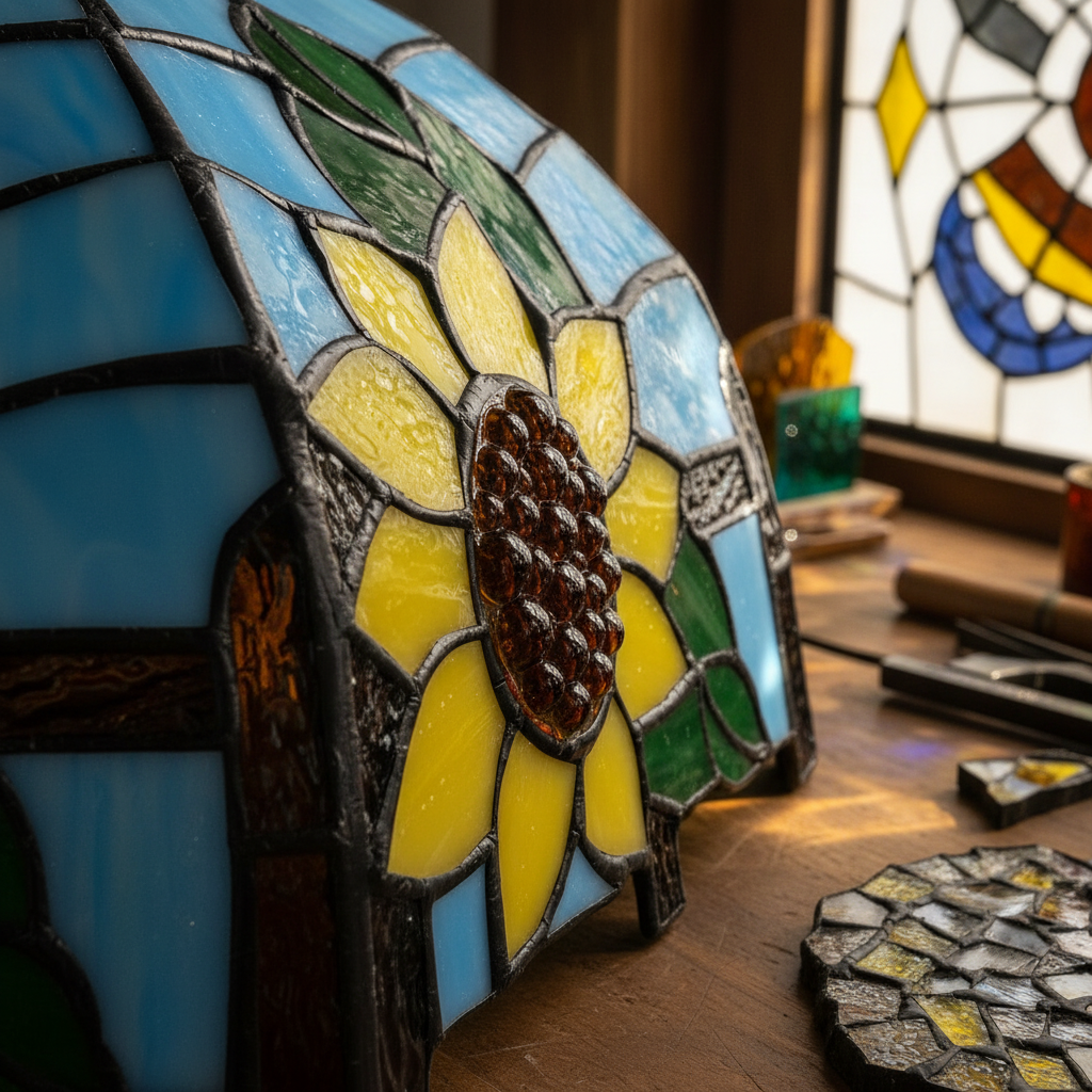 Tiffany stained glass lampshade with sunflowers