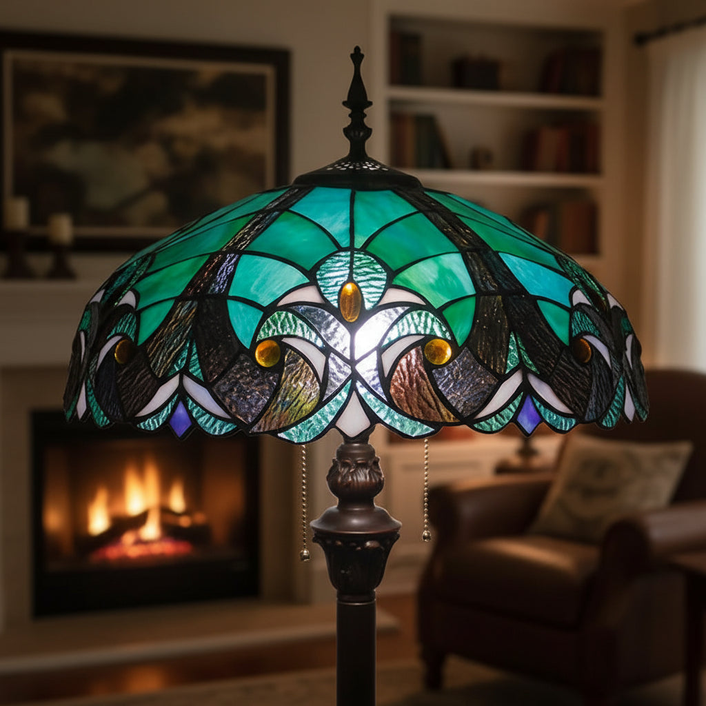 Tiffany Style Floor Lamp in Turquoise Stained Glass