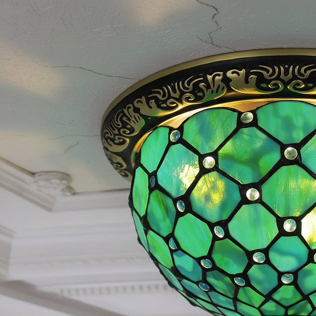 Tiffany Style Ceiling Light in Green Stained Glass