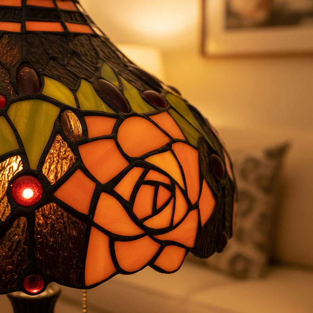 Tiffany-style tinted glass lampshade with multicolored roses