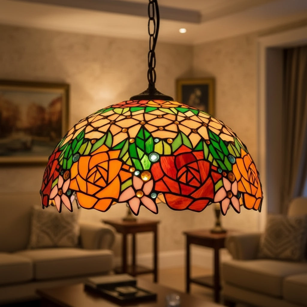 Tiffany-style stained glass rose pendant light, Ø40cm