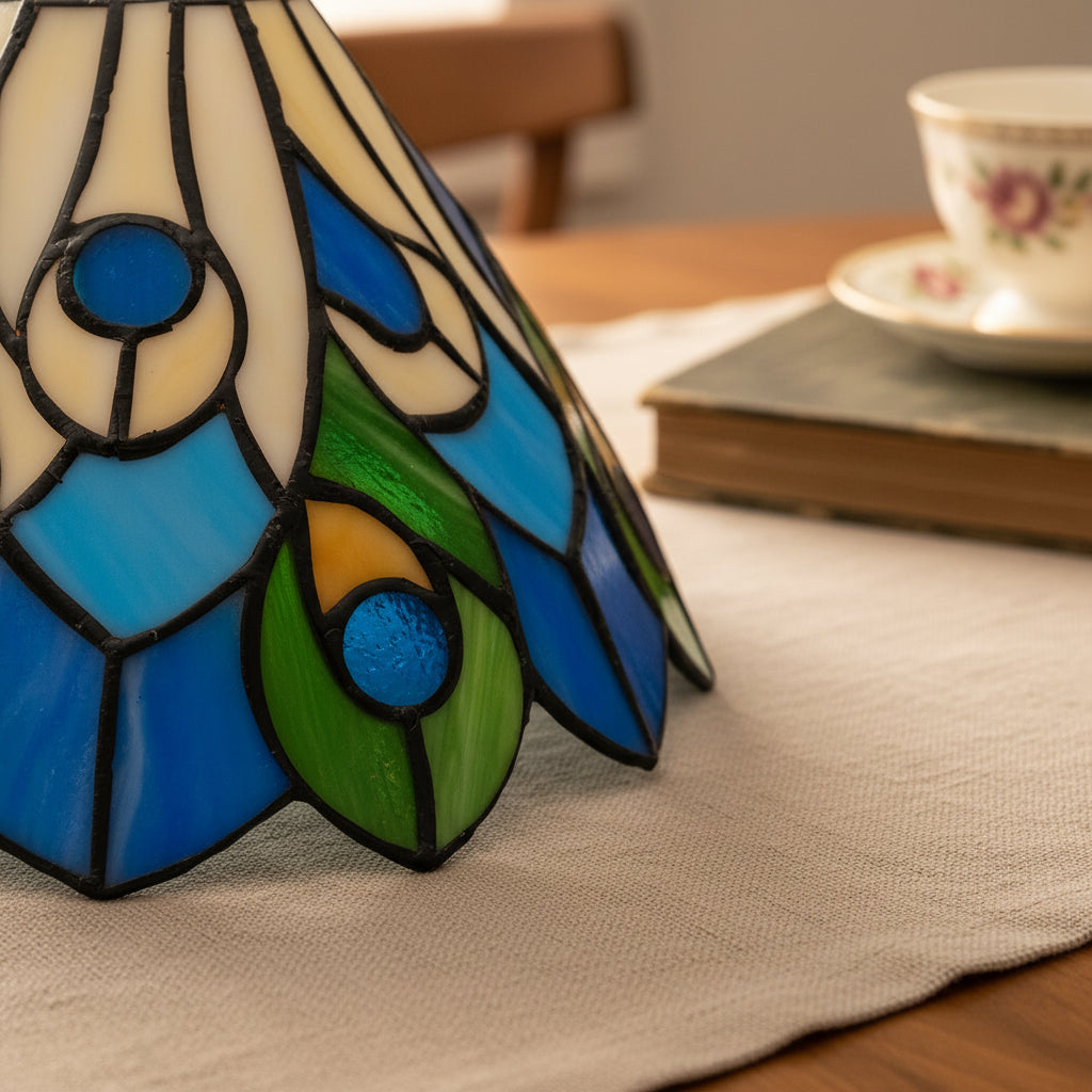 Tiffany Stained Glass Lampshade with Blue and Green Peacock Motif