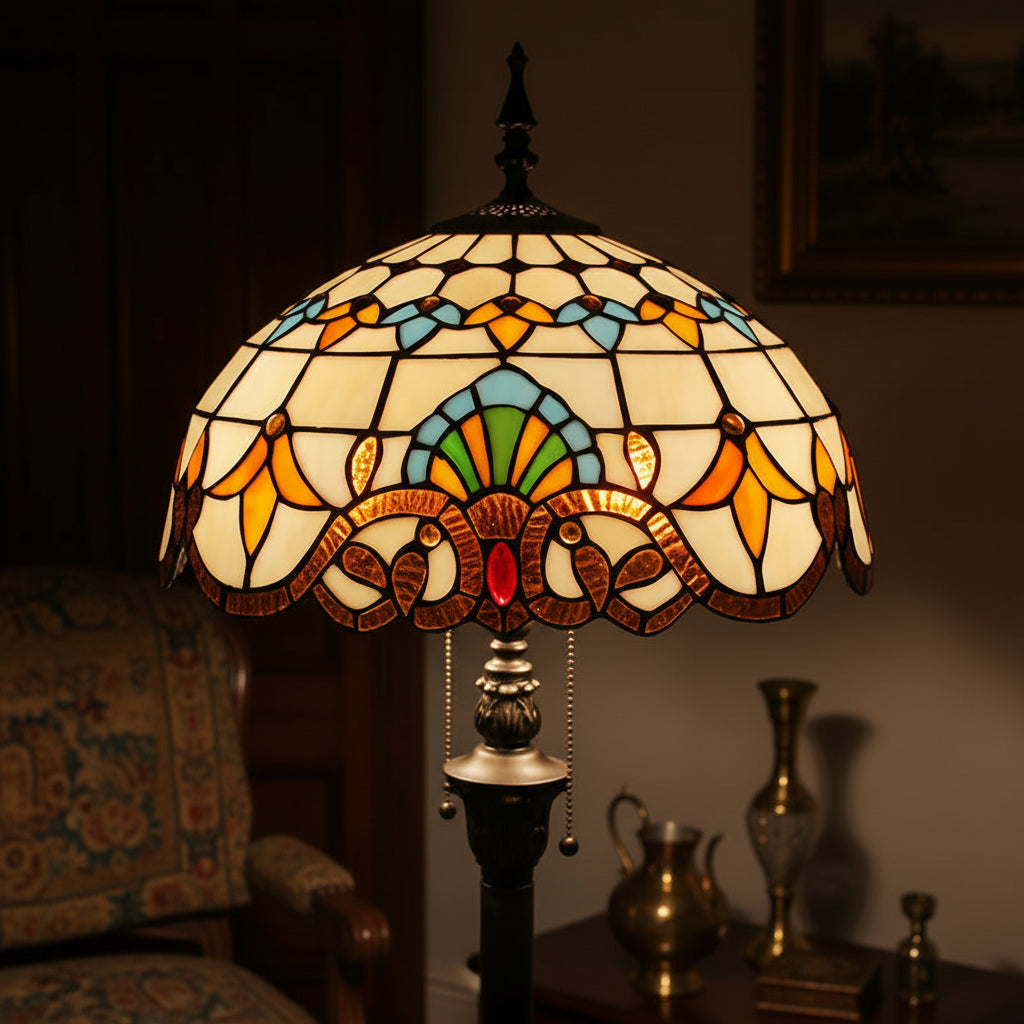 Tiffany-style stained glass floor lamp in multicolored glass