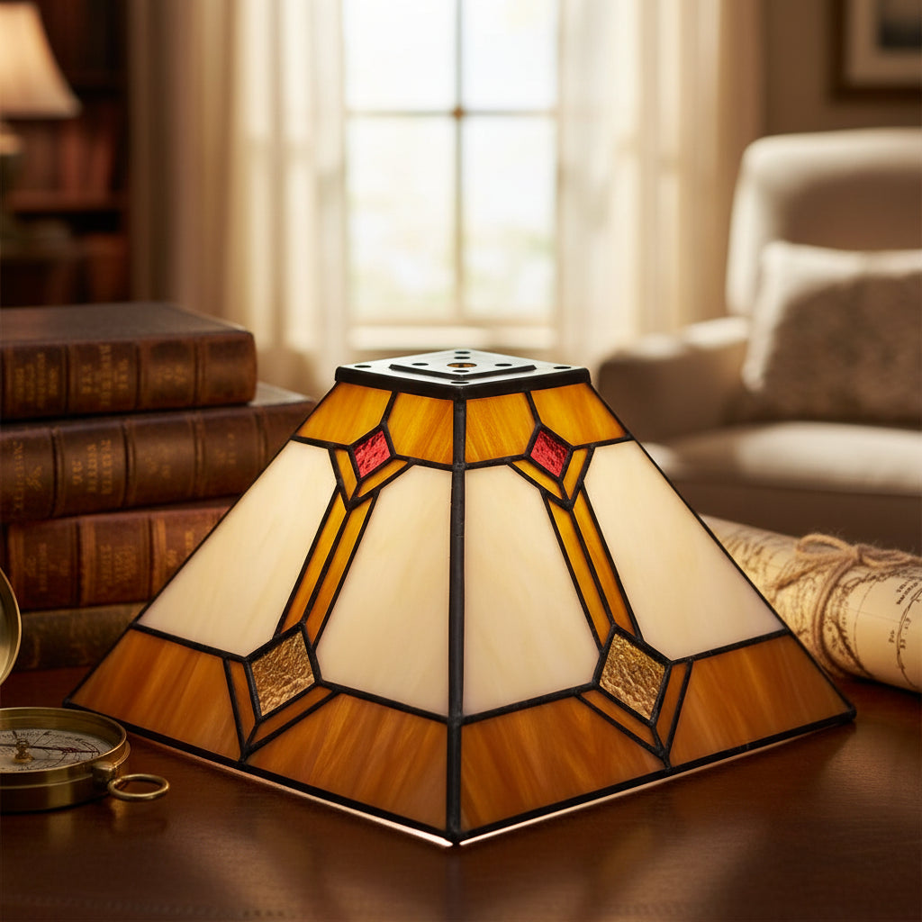 Geometric tinted glass lampshade in amber, cream and red