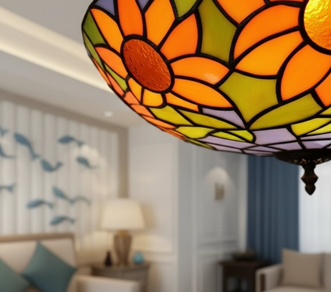 Tiffany-style stained glass ceiling light with sunflowers