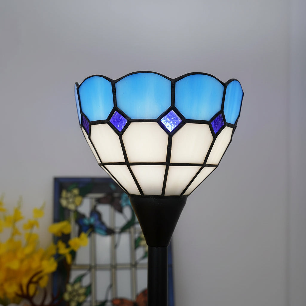 Blue and white stained glass floor lamp in the shape of a tulip