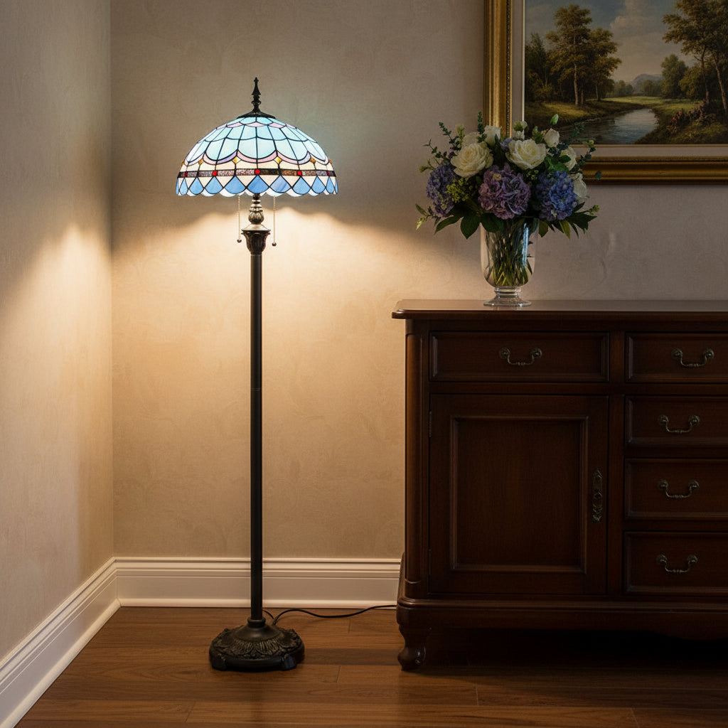 Tiffany-style floor lamp in blue and multicolored stained glass