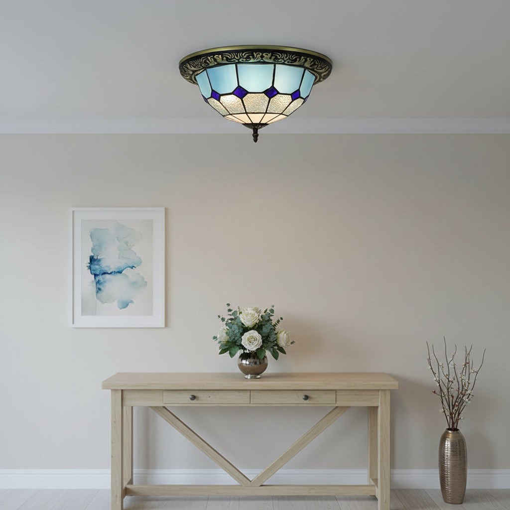 Tiffany Style Ceiling Light in Blue, Purple, and Wrought Iron