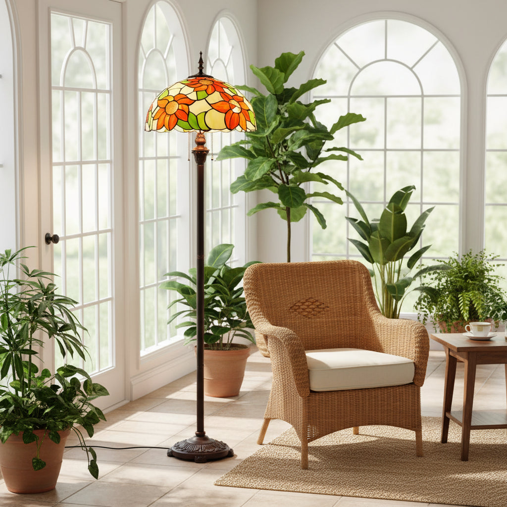 Tiffany-style floor lamp in orange floral glass