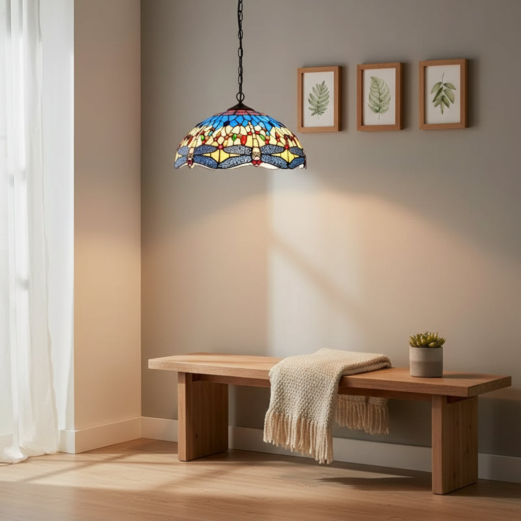 Tiffany-style stained glass dragonfly pendant light