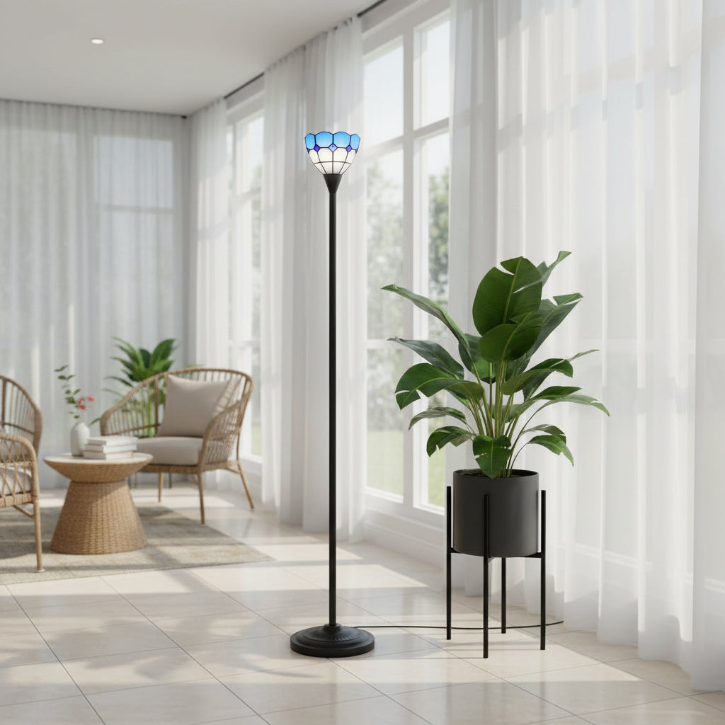 Blue and white stained glass floor lamp in the shape of a tulip
