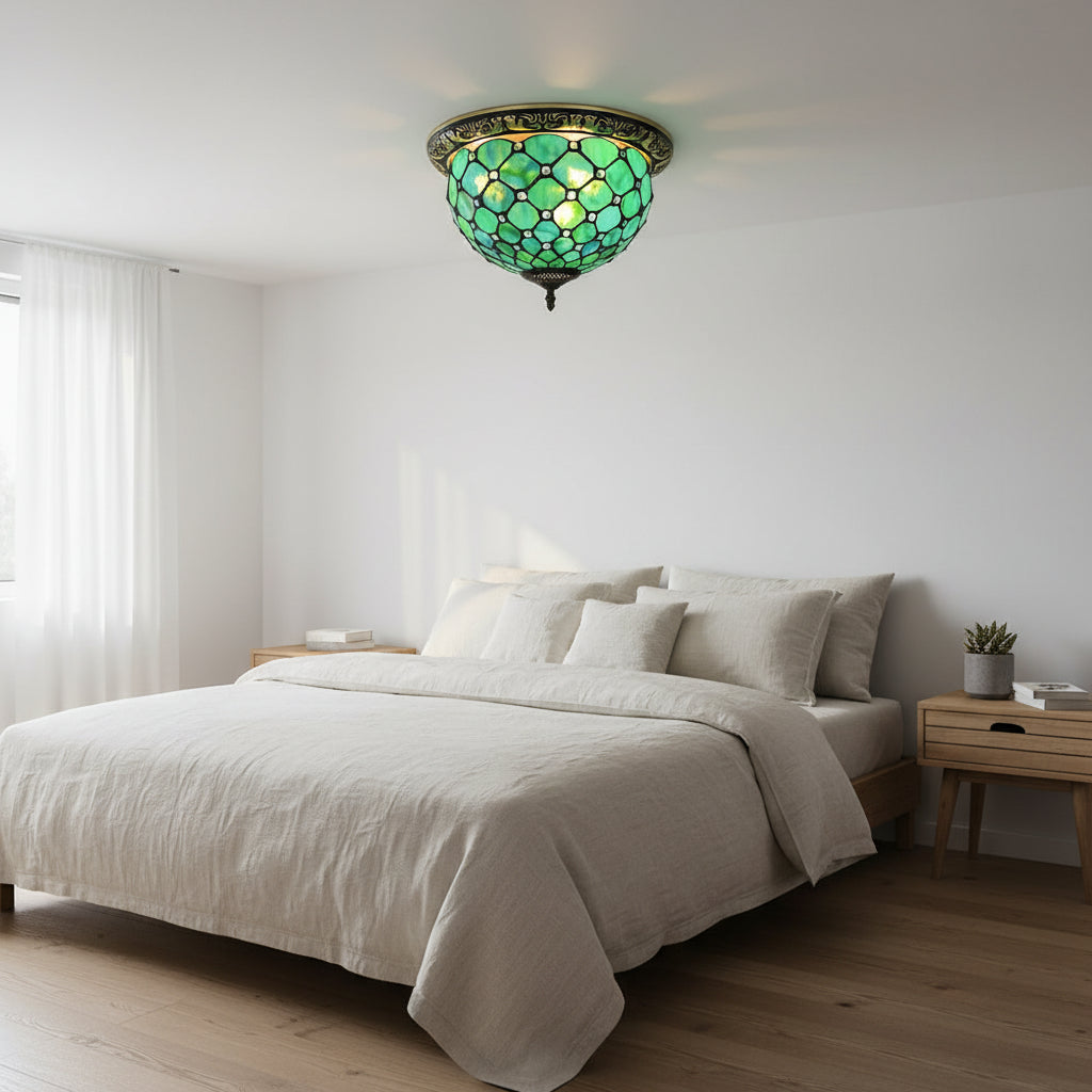 Tiffany Style Ceiling Light in Green Stained Glass