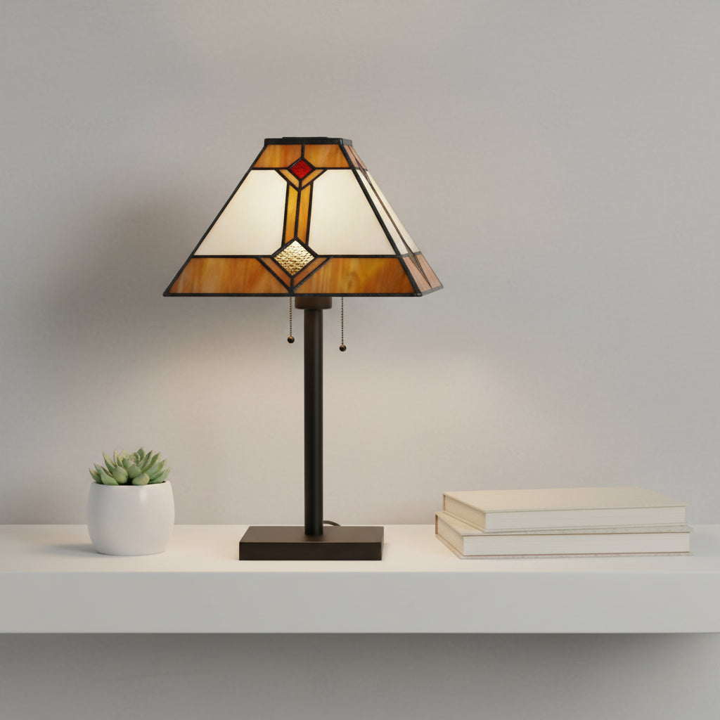 Geometric tinted glass lampshade in amber, cream and red