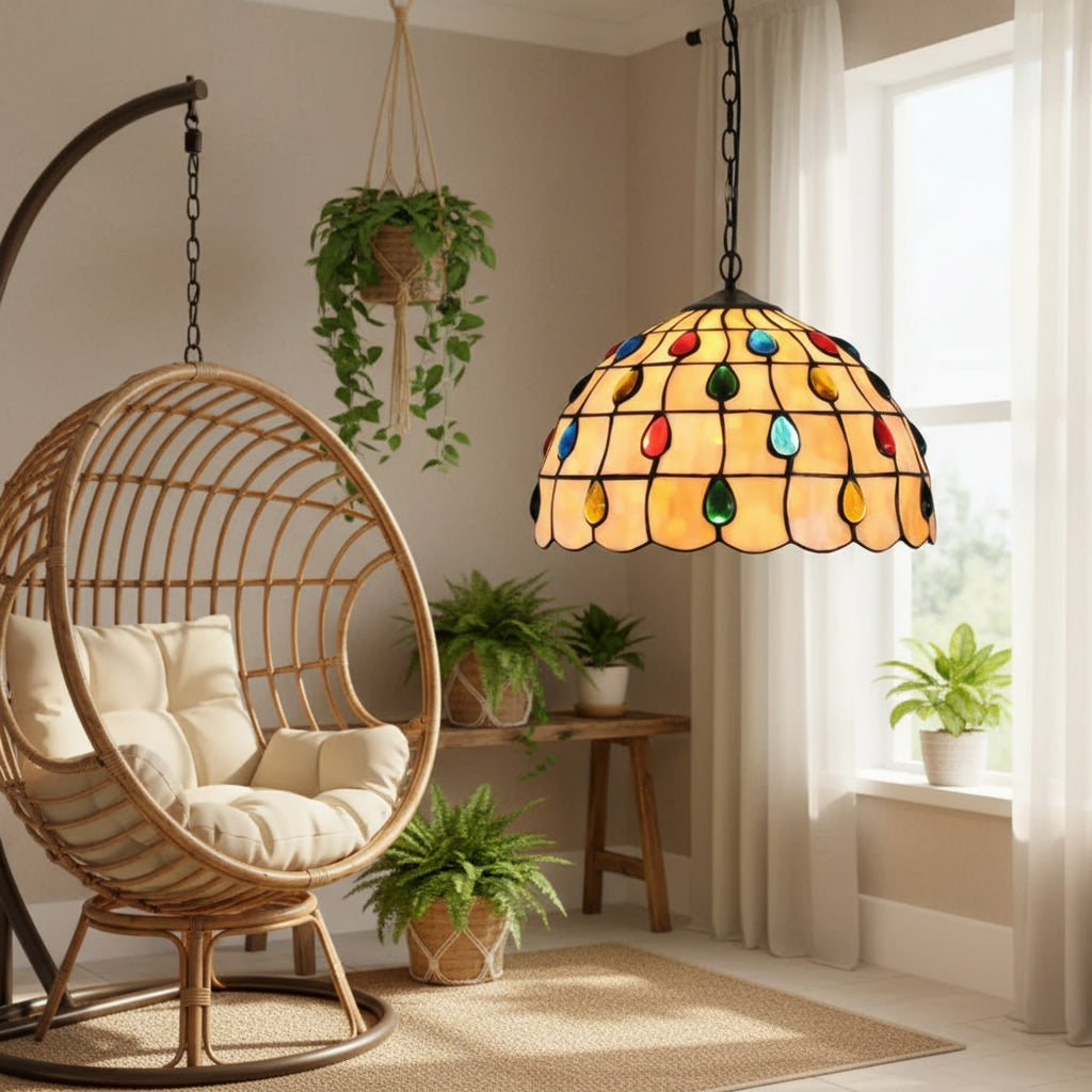 Tiffany-style pendant light in tinted glass with cabochons, 30cm