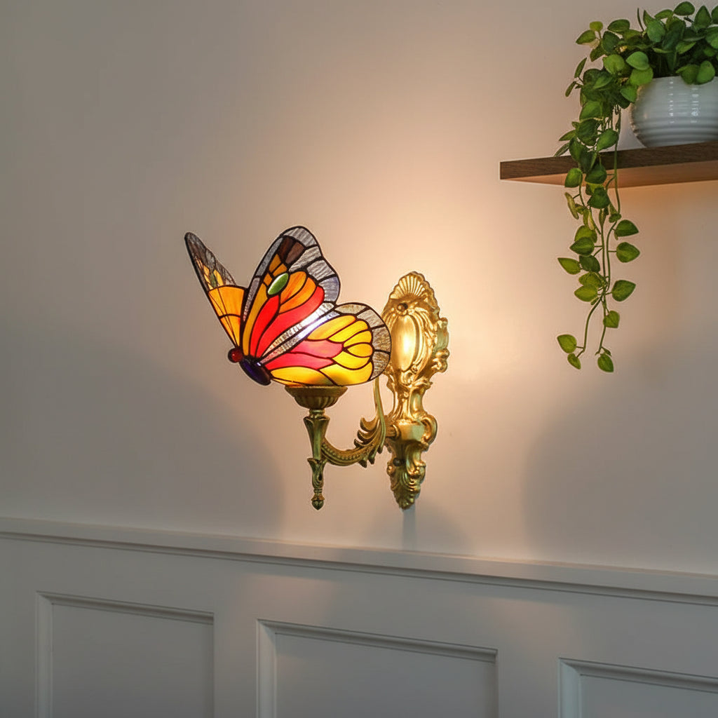 Ornate Tiffany Style Stained Glass Butterfly Wall Sconce