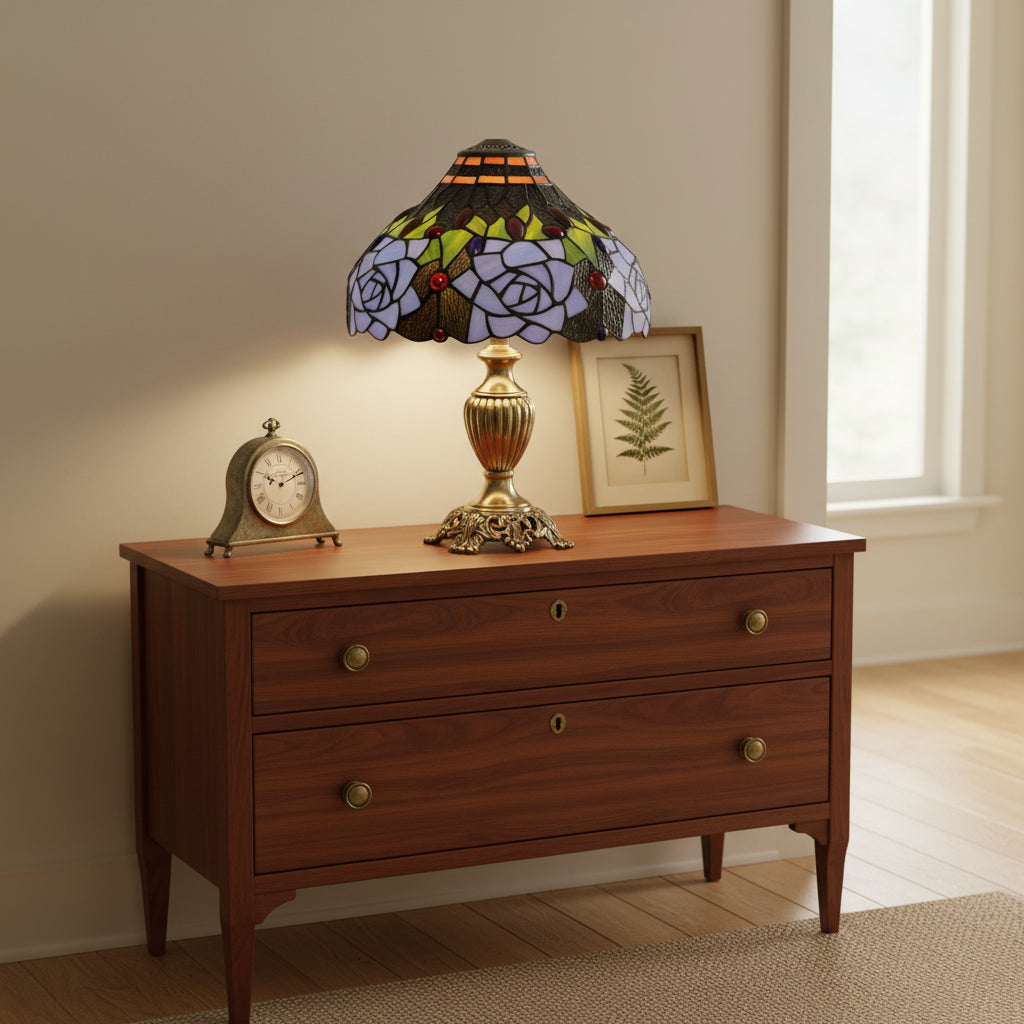 Tiffany-style tinted glass lampshade with multicolored roses