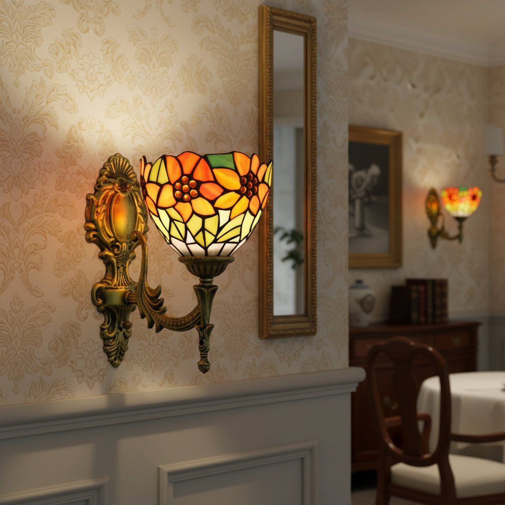 Floral Tiffany Wall Sconce in Stained Glass and Aged Brass