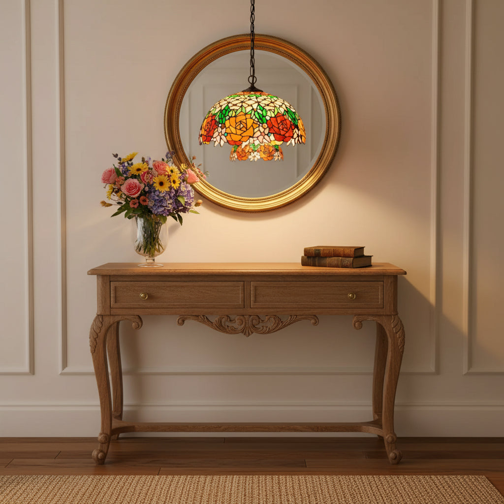 Tiffany-style stained glass rose pendant light, Ø40cm