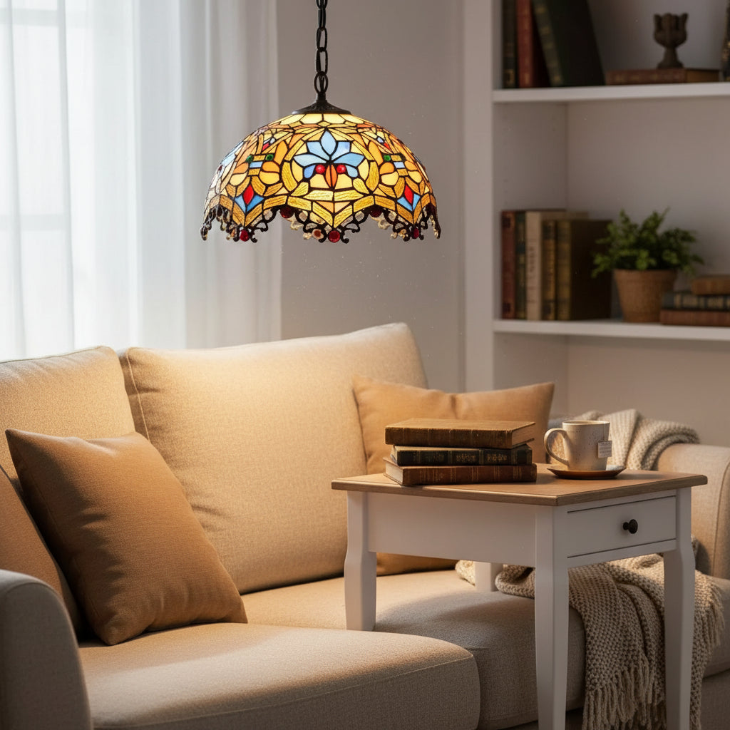 Floral Amber Glass Tiffany Pendant Light 30cm