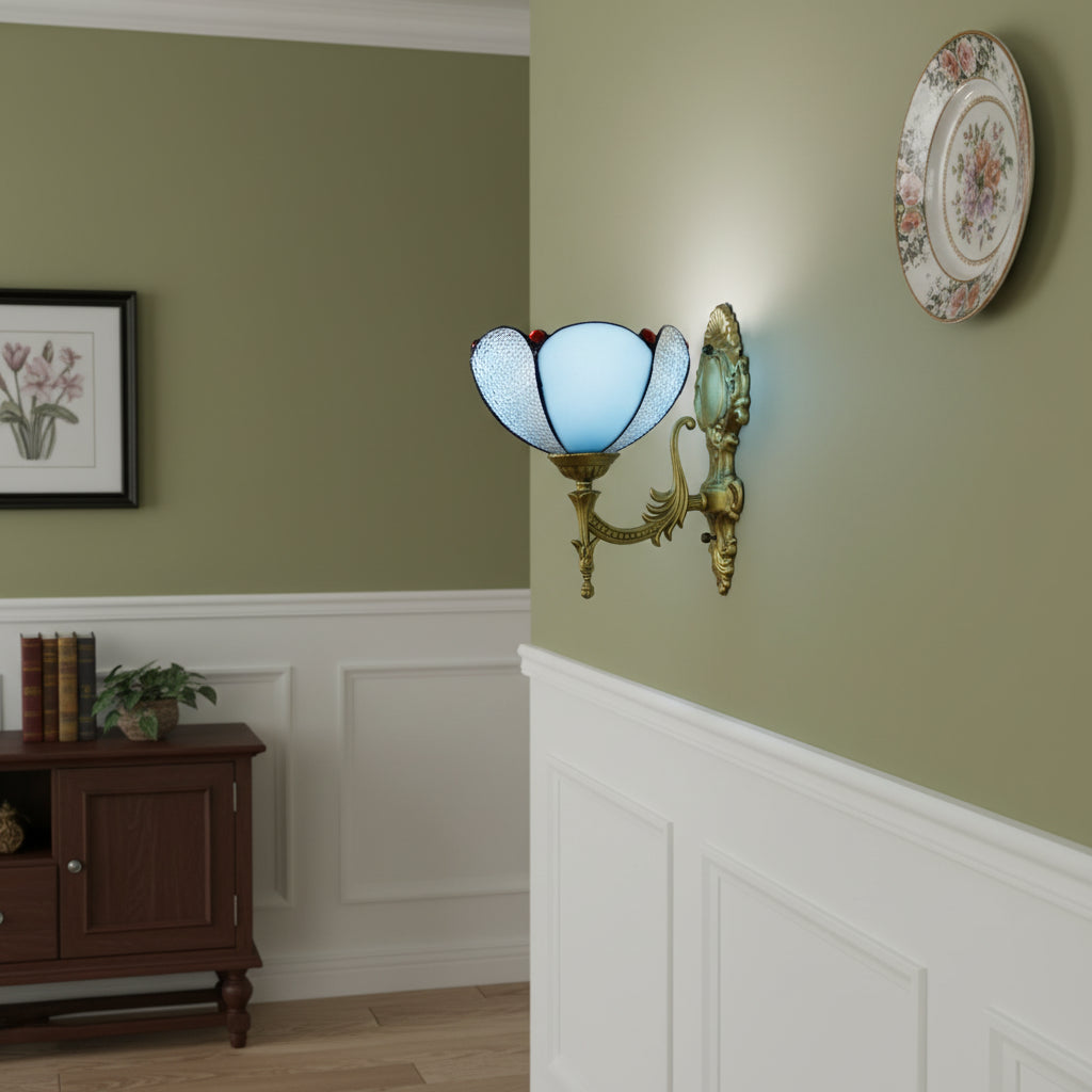 Vintage Wall Sconce in Blue Opal Glass and Antique Brass