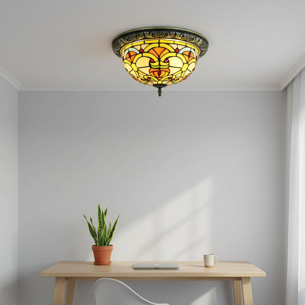 Round Tiffany-style ceiling light in stained glass
