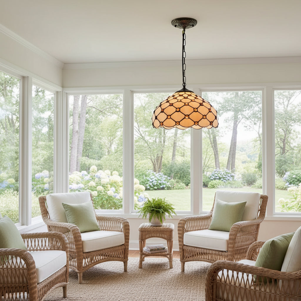 Tiffany Style Pendant Light with Amber Jewels