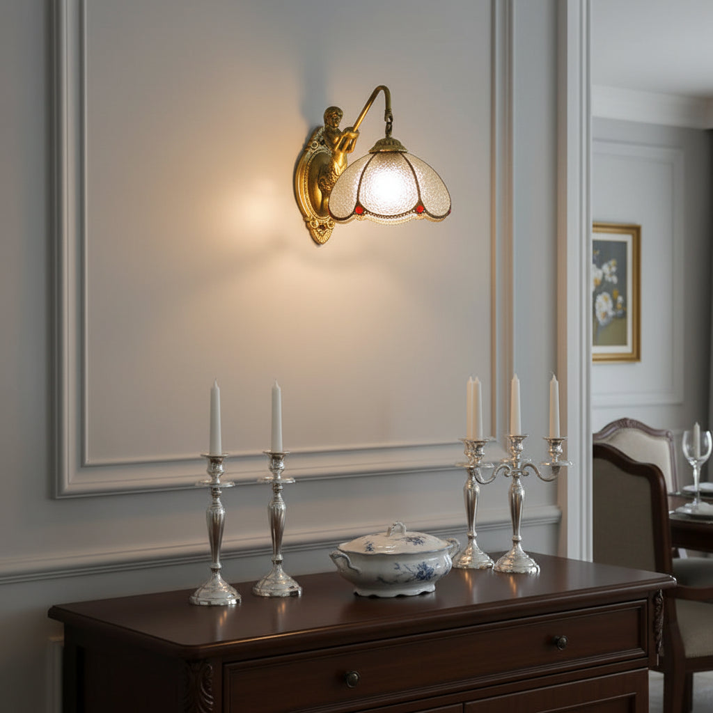 Vintage Gold Mermaid Wall Sconce in Textured Glass