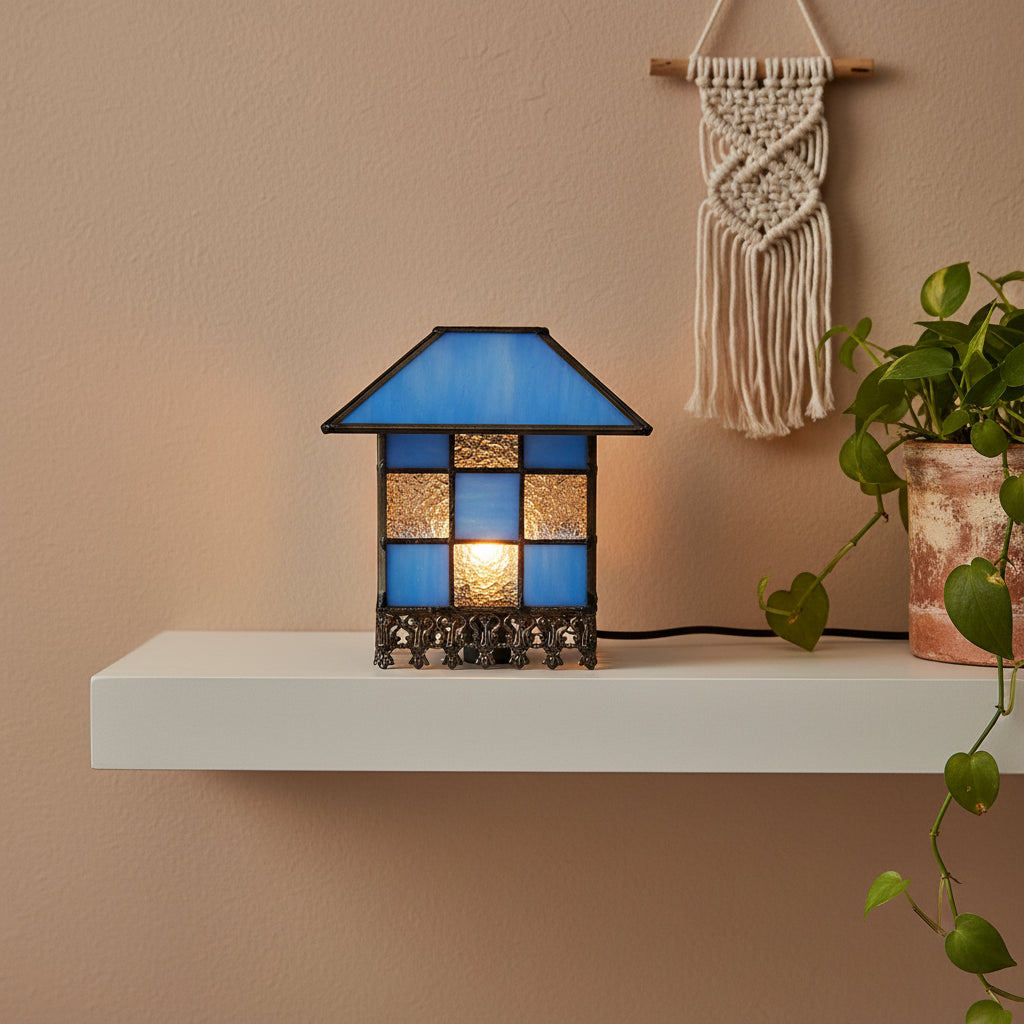 Blue tinted glass lantern lampshade with geometric checkered pattern