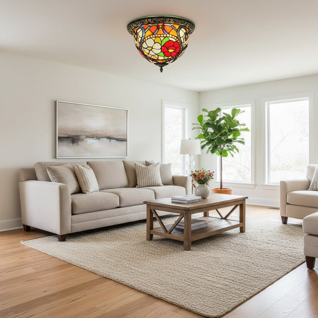 Tiffany-style Floral Stained Glass and Iron Ceiling Light