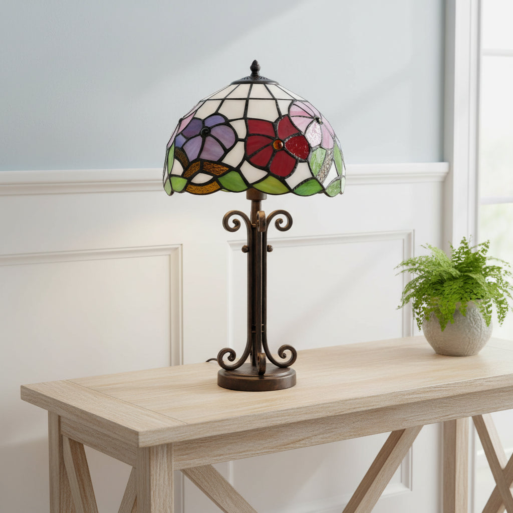 Floral Stained Glass Dome Lampshade with Beads