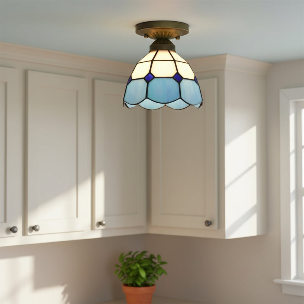 Tiffany Style Ceiling Light in Blue and White Tinted Glass