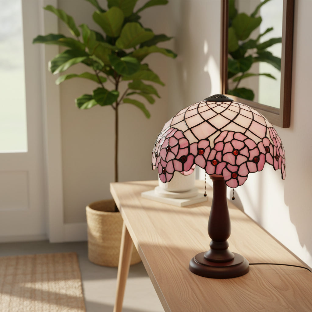 Pink Floral and Geometric Stained Glass Lampshade