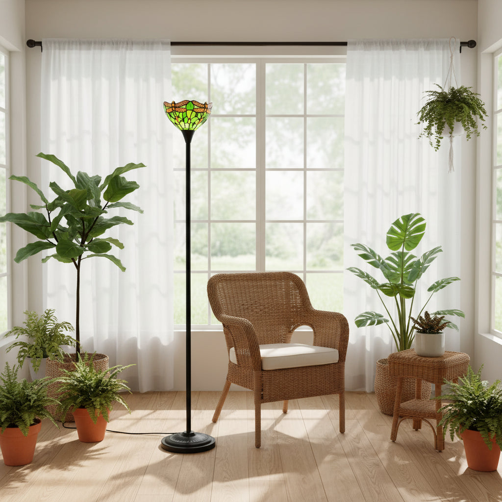 Tiffany-style stained glass floor lamp with green dragonflies