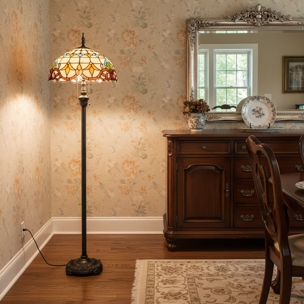 Tiffany-style stained glass floor lamp in multicolored glass