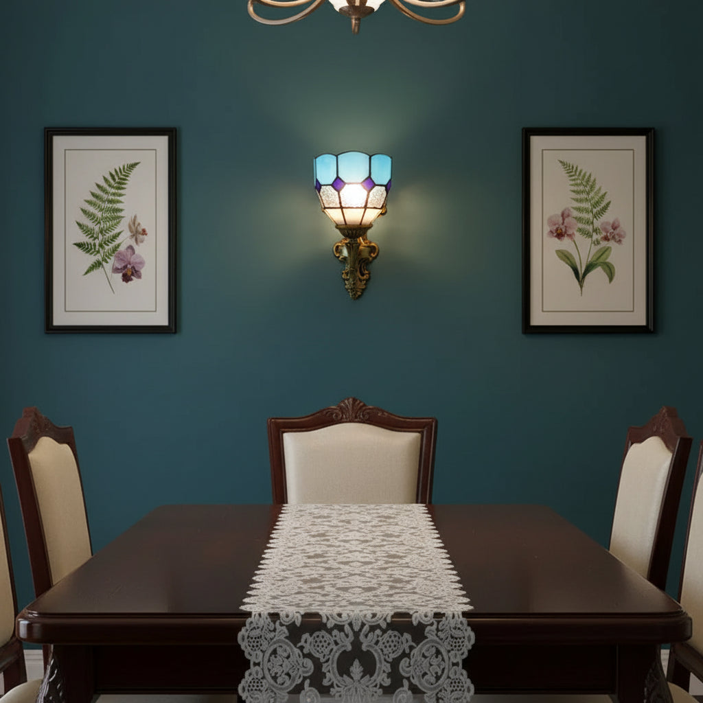 Ornate Wall Sconce in Blue and Purple Tinted Glass
