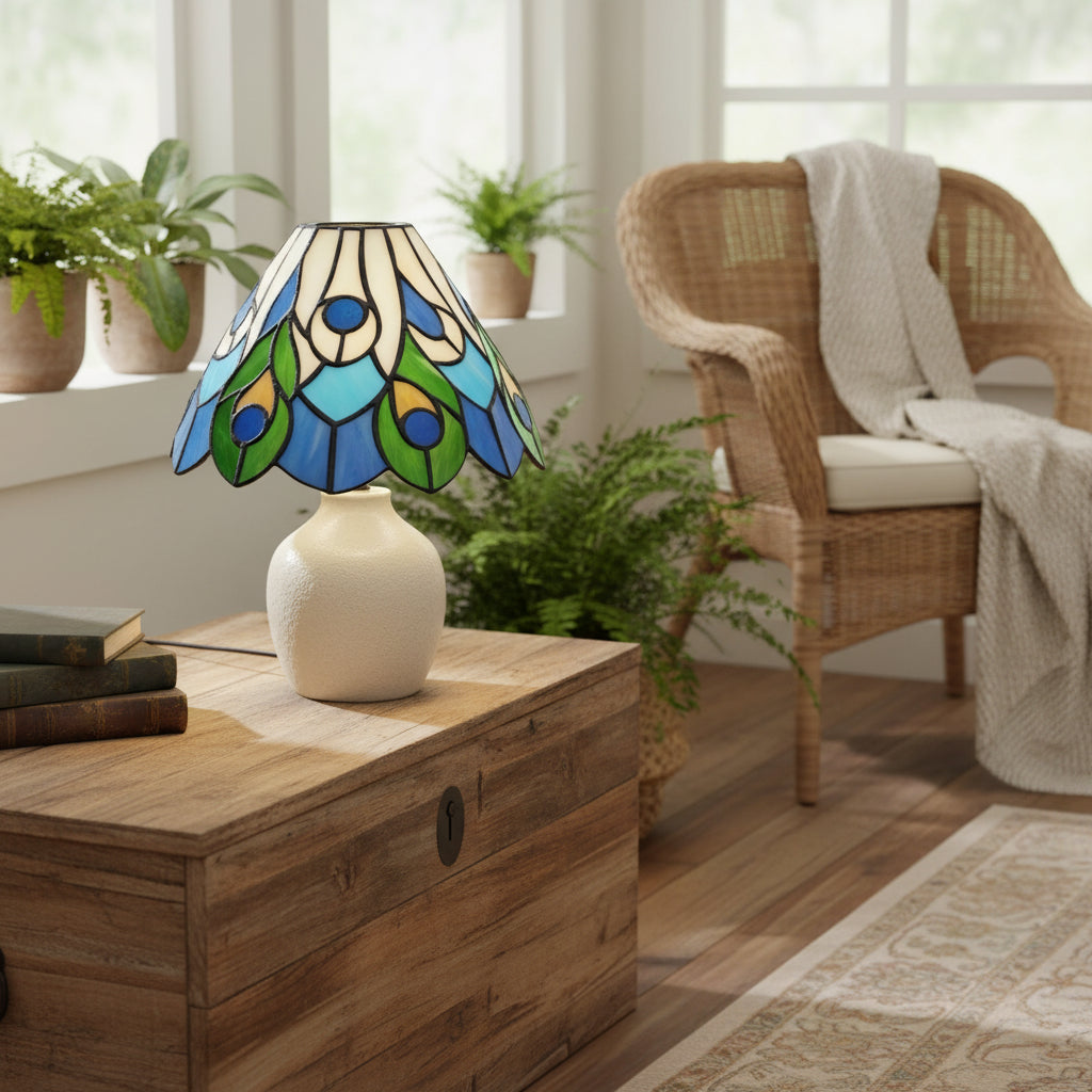 Tiffany Stained Glass Lampshade with Blue and Green Peacock Motif