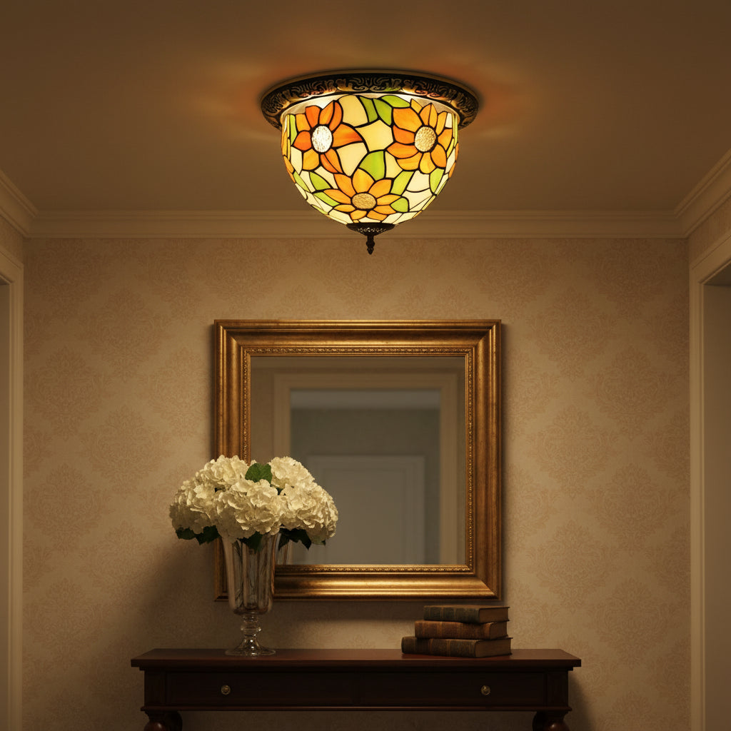 Round Tiffany Glass Ceiling Light Sunflowers Orange