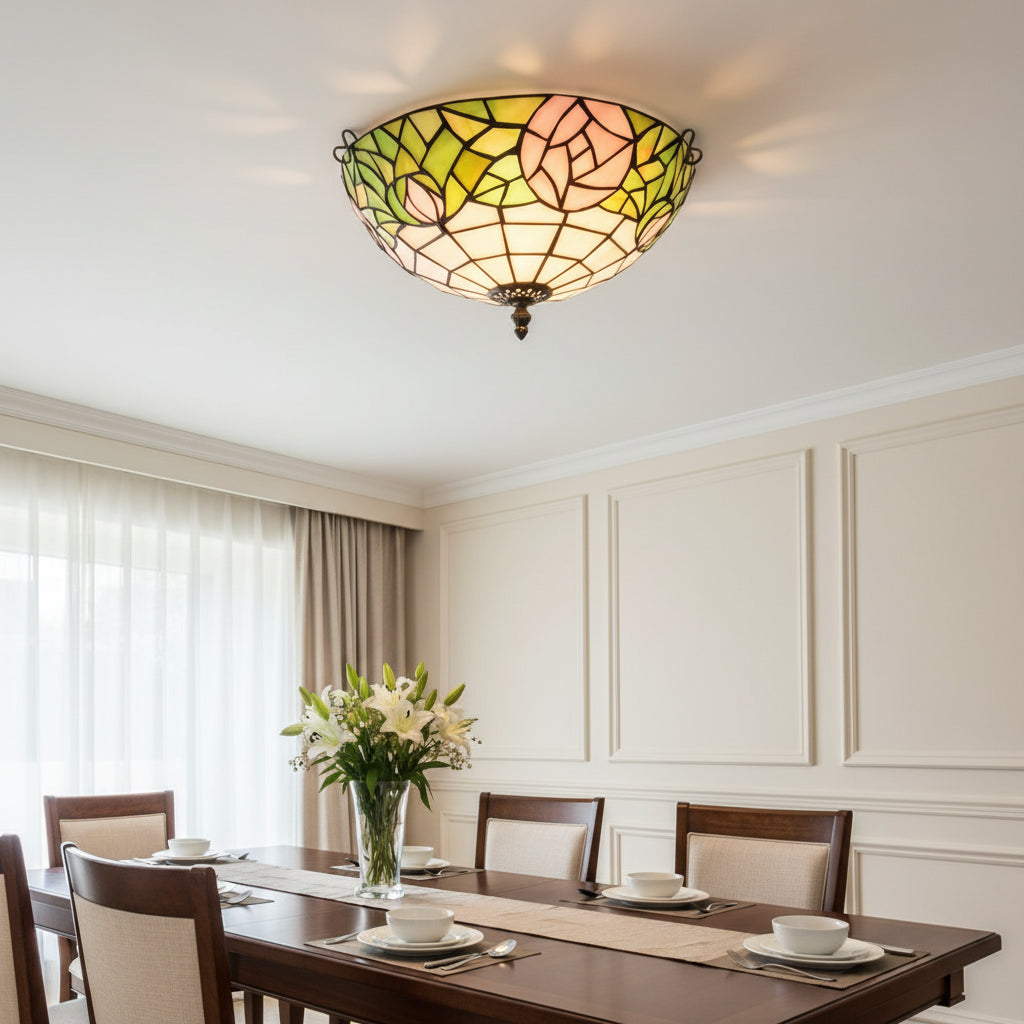 Round Tiffany Stained Glass Ceiling Light in Green & Peach