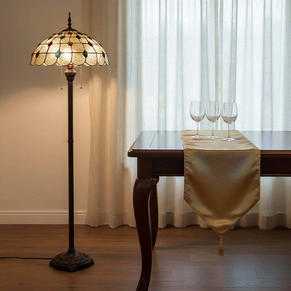 Tiffany-style stained glass floor lamp with cabochons