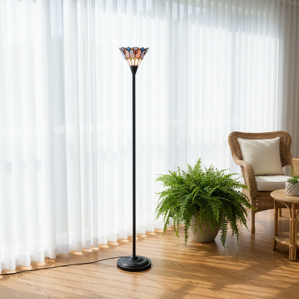 Tiffany-style stained glass floor lamp with flowers and butterflies